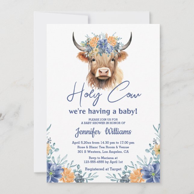 holy cow highland calf boy baby shower floral  invitation (Front)