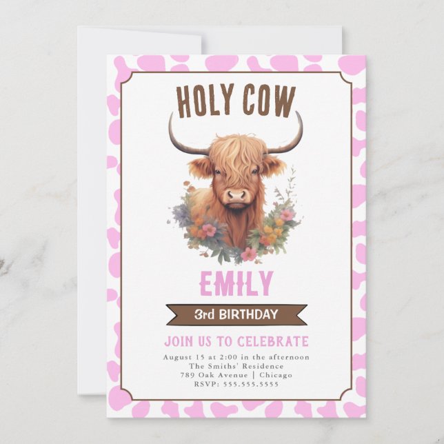 Holy Cow Highland Cow Girl Birthday Invitation (Front)