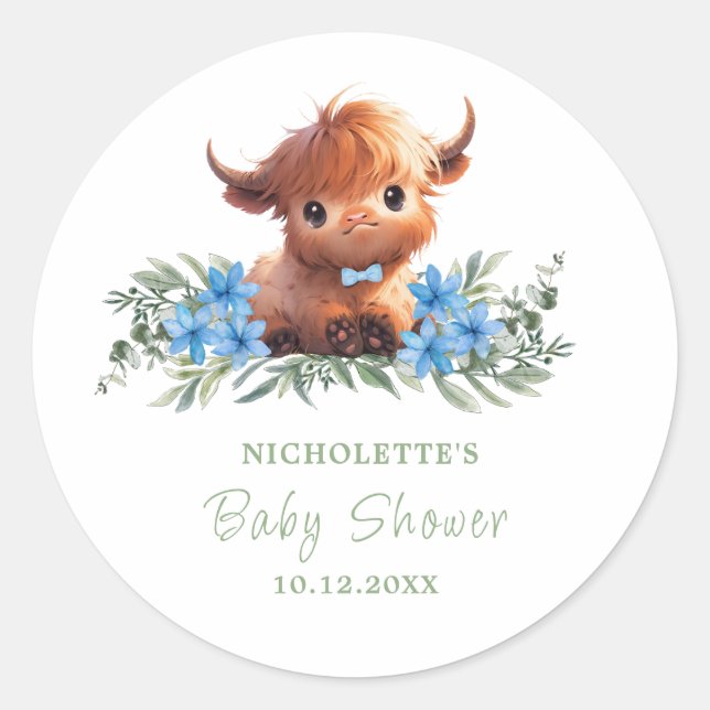 HOLY COW HIGHLAND MODERN BLUE BABY SHOWER CLASSIC ROUND STICKER (Front)