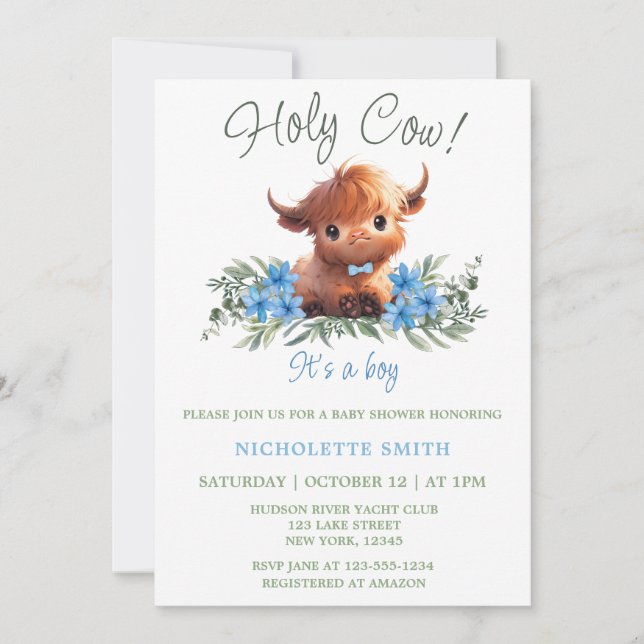 HOLY COW HIGHLAND MODERN BLUE BABY SHOWER INVITATION (Front)