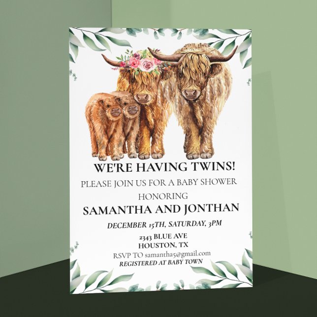 Holy Cow Highland Twin Baby Shower Eucalyptus  Invitation (Creator Uploaded)