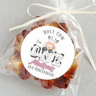 Holy Cow I am One Girl 1st Birthday Party Classic Round Sticker