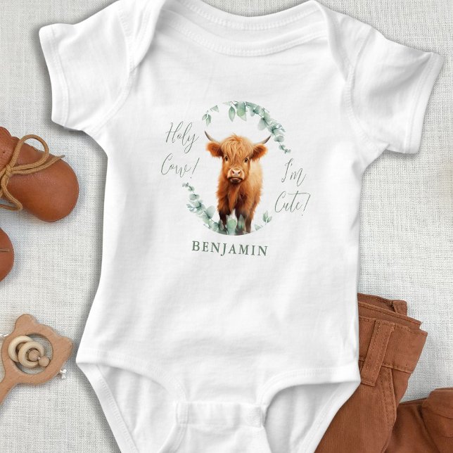 Holy Cow I'm Cute Boho Greenery Highland Cow Baby Bodysuit (Creator Uploaded)