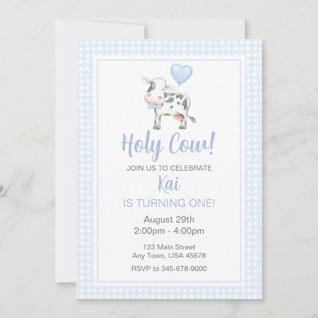 Holy Cow I'm One Blue Gingham Birthday Invitation (Front)
