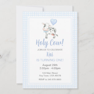 Holy Cow I'm One Blue Gingham Birthday Invitation