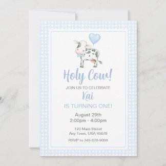 Holy Cow I'm One Blue Gingham Birthday Invitation