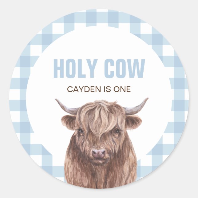 Holy Cow I'm One blue Plaid birthday Classic Round Classic Round Sticker (Front)