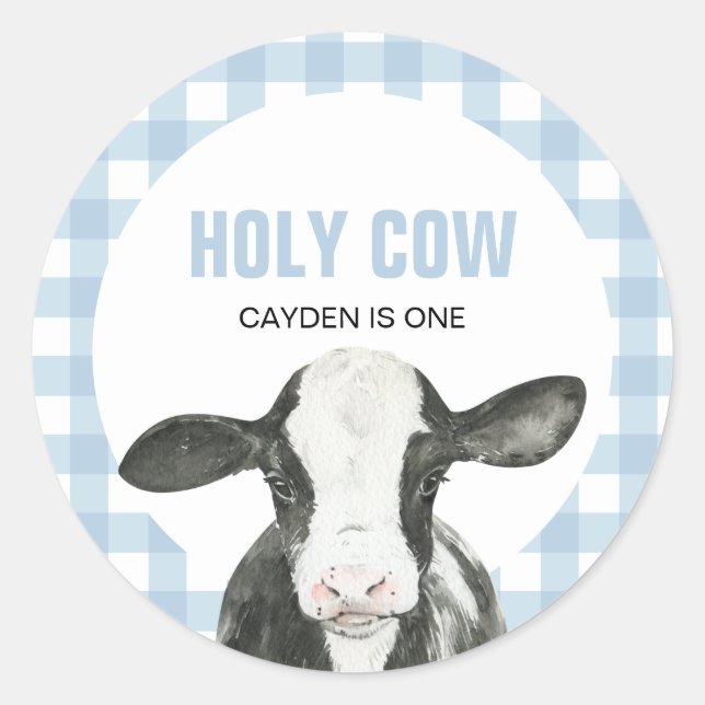 Holy Cow I'm One blue Plaid birthday Classic Round Sticker (Front)