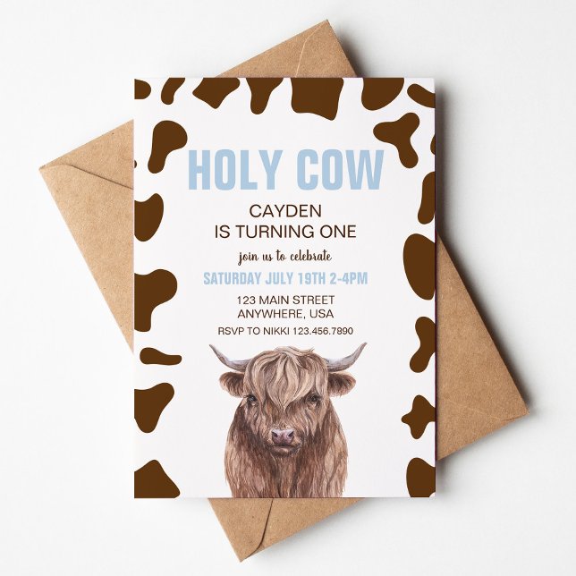 Holy Cow I'm One blue Plaid Birthday Invitation (Creator Uploaded)