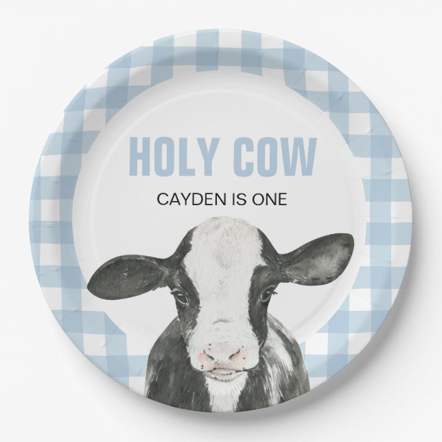 Holy Cow I'm One blue Plaid birthday Paper Plates (Front)