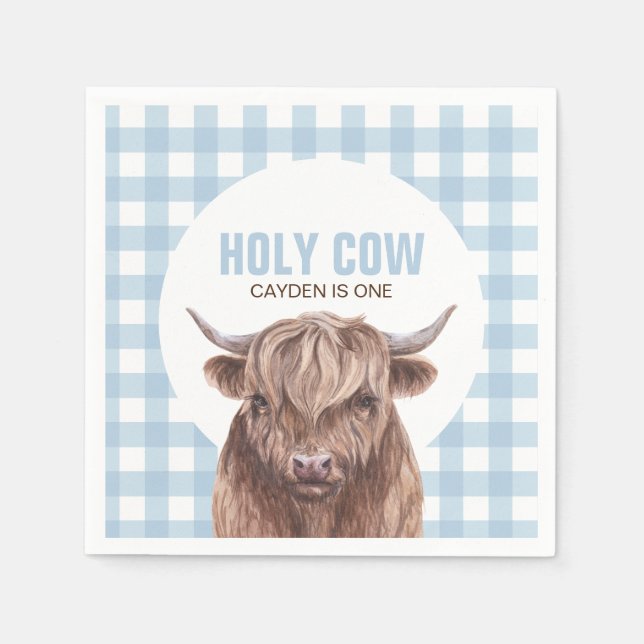 Holy Cow I'm One blue Plaid birthday Paper Plates Napkin (Front)