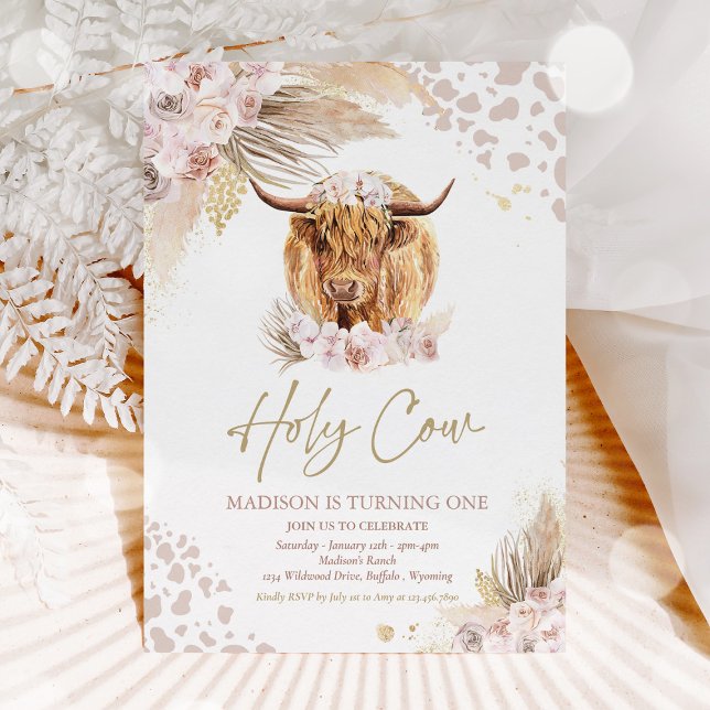 Holy Cow I'm One Boho Pampas Highland Cow Birthday Invitation (Creator Uploaded)