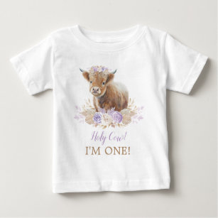 Holy Cow I'm One Boho Purple Floral 1st Birthday Baby T-Shirt