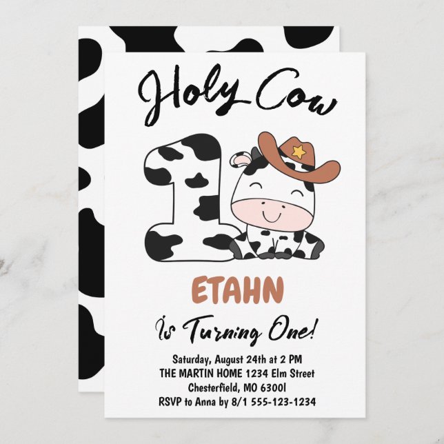 Holy Cow I'm One Boy 1st Birthday Party Invitation (Front/Back)