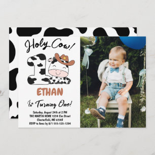 Holy Cow I'm One Boy 1st Birthday Photo Invitation