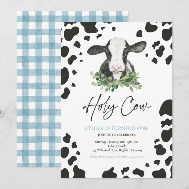 Holy Cow I'm One Boy Ranch Farm Birthday Party  Invitation (Front/Back)