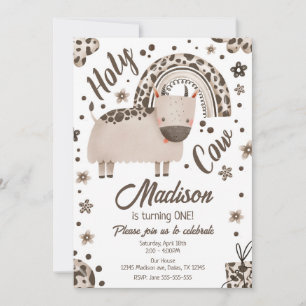 Holy Cow I'm One Brown Cow Print Farm 1st Birthday Invitation