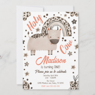 Holy Cow I'm One Brown Cow Print Girl 1st Birthday Invitation