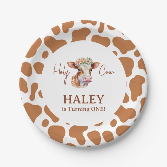Holy Cow I'm One Brown Print 1st Baby Birthday Paper Plate (Front)