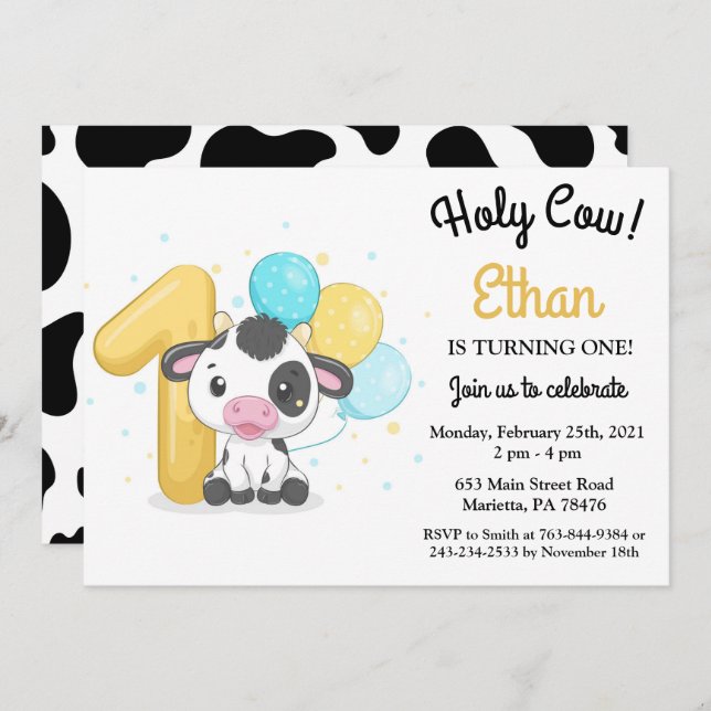 Holy Cow I'm One Cow 1st Birthday Invitation (Front/Back)