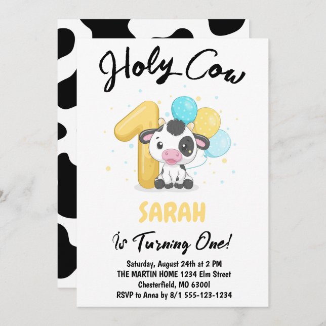 Holy Cow I'm One Cow 1st Birthday Party Invitation (Front/Back)