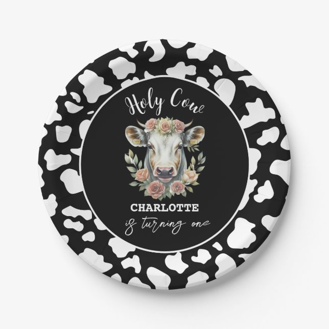 Holy Cow I'm One Cow Girl 1st Birthday Paper Plate (Front)