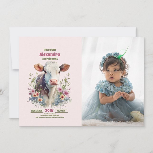 Holy Cow I'm One Cow Girl 1st Birthday Photo Invitation (Front)
