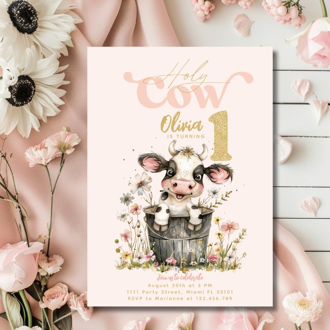 Holy Cow I'm One Cow Girl Pink First 1st Birthday Invitation (Holy Cow I'm One Cow Girl Pink First 1st Birthday Invitation)