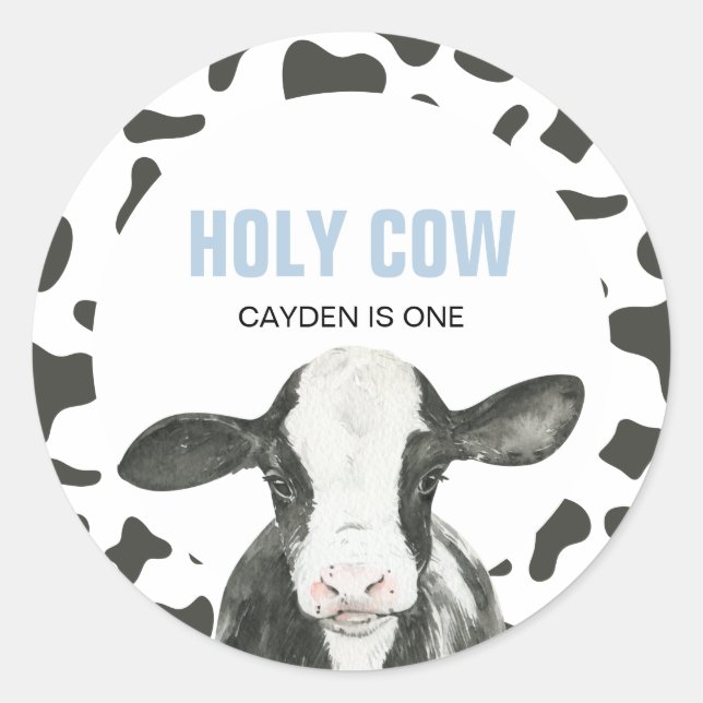 Holy Cow I'm One Cow Print birthday Classic Round  Classic Round Sticker (Front)