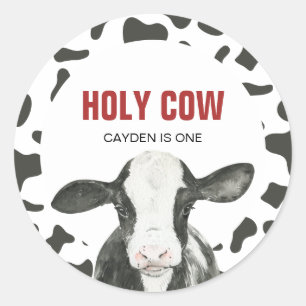 Holy Cow I'm One Cow Print birthday Classic Round Sticker
