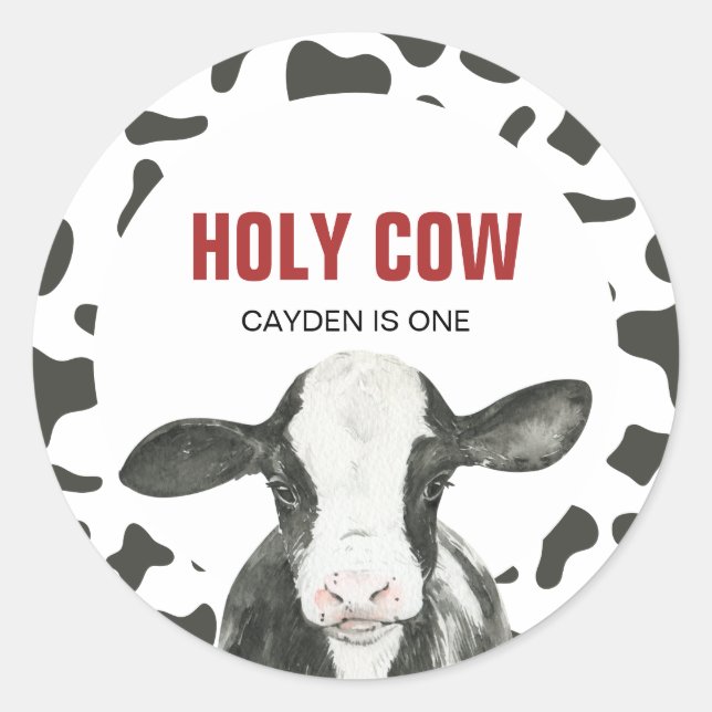 Holy Cow I'm One Cow Print birthday Classic Round Sticker (Front)