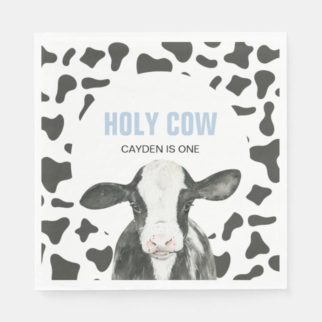 Holy Cow I'm One Cow Print birthday Napkins (Front)