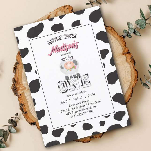 Holy Cow I'm One Cow Print Farm Birthday Photo Invitation (Creator Uploaded)
