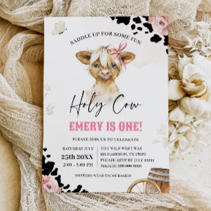 Holy Cow I'm One Cowboy Highland Cow Birthday Invitation