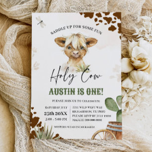 Holy Cow I'm One Cowboy Highland Cow Birthday Invitation
