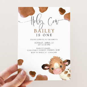 Holy Cow I'm ONE Cute Brown Cow Birthday Invitation