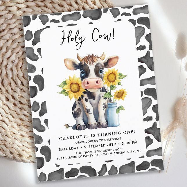 Holy Cow I'm One Farm Cute 1st Birthday Invitation Postcard (Creator Uploaded)