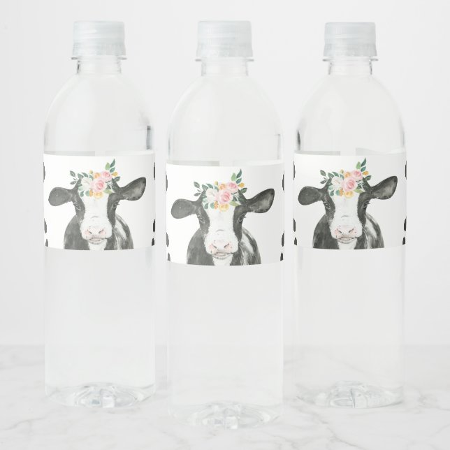 Holy Cow I'm One floral Cow Print Birthday Water Bottle Label (Bottles)