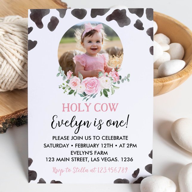 Holy Cow I'm One Floral Farm Birthday Invitation (Creator Uploaded)