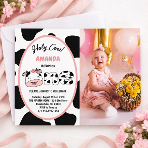 Holy Cow I'm One Girl 1st Birthday Photo Invitation