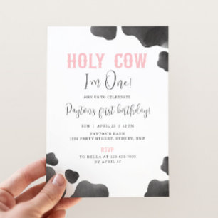 Holy Cow I'm One Girls Birthday Cowgirl Party Invitation