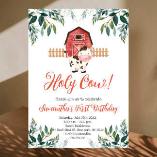 Holy Cow I'm One Greenery Birthday Party Invitation