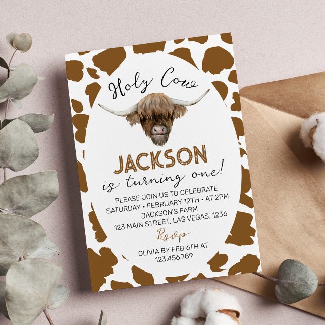 Holy Cow I'm One Highland Cow 1st Birthday Invitation (Creator Uploaded)