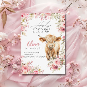 Holy Cow I'm One Highland Cow Pink Floral Birthday Invitation