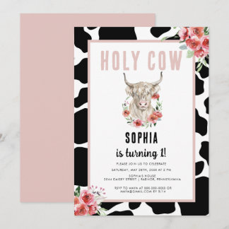 Holy Cow I'm One Pink Birthday Invitation