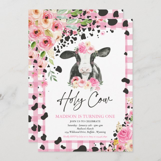 Holy Cow I'm One Pink Floral Farm Birthday Party Invitation (Front/Back)