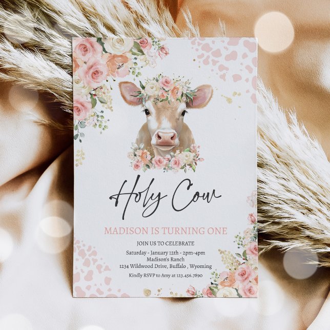 Holy Cow I'm One Pink Floral Farm Birthday Party Invitation (Creator Uploaded)