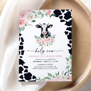 Holy Cow I'm One Pink Floral Girl Cow 1st Birthday Invitation