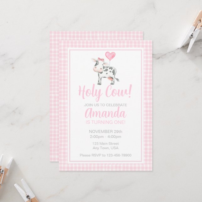 Holy Cow I'm One Pink Gingham Birthday Invitation (Front/Back In Situ)