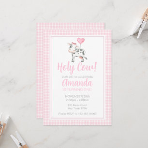 Holy Cow I'm One Pink Gingham Birthday Invitation